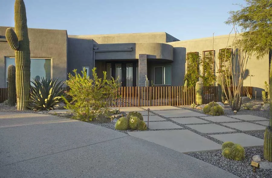 Landscape Design West luxury Tucson estate showcasing permaculture design with rain-harvesting basins, native desert plants, and ambient lighting